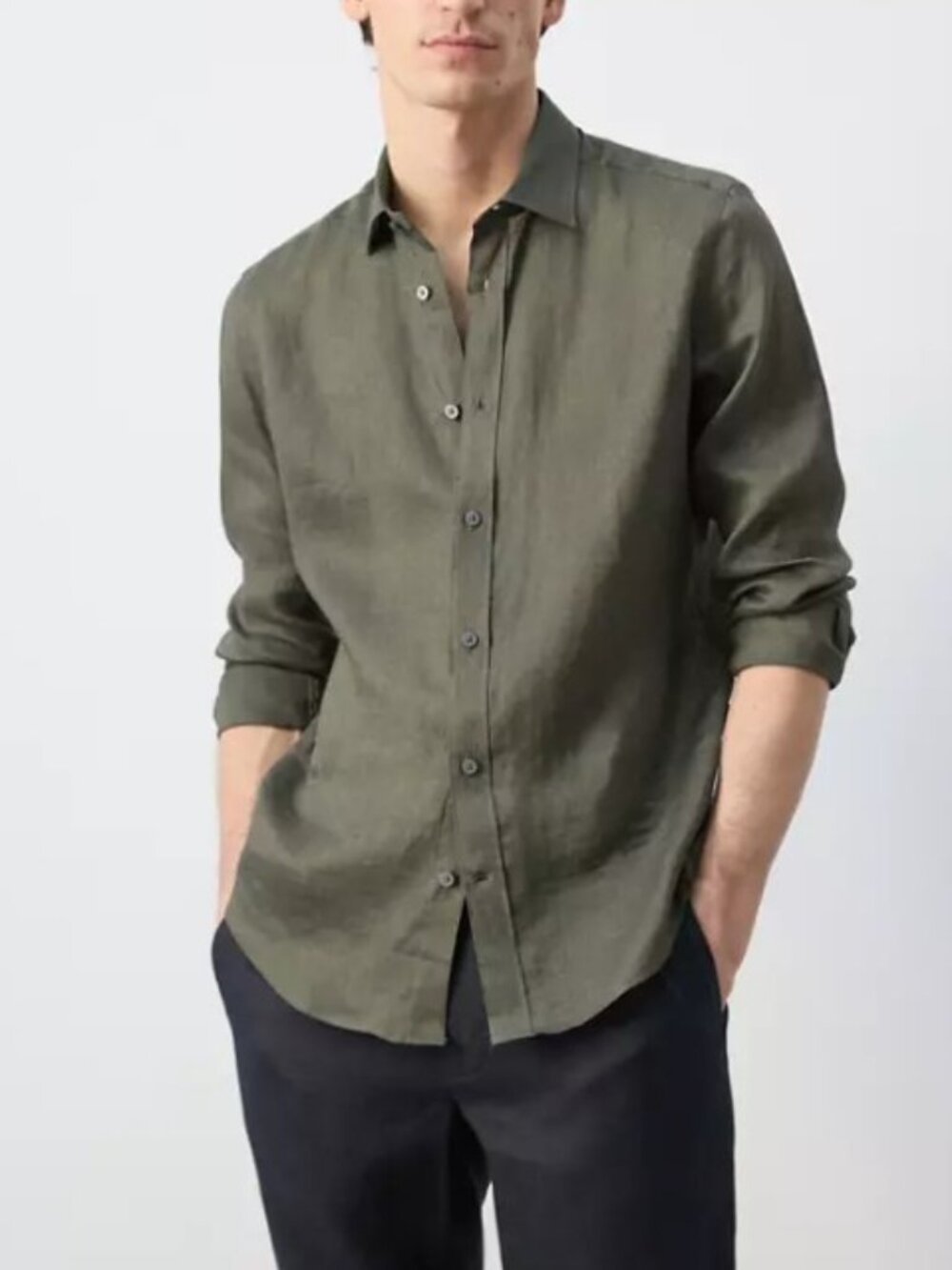 MNG Mango Shirt Mens Green 100% Linen Collar Classic Fit Summer Light Large
